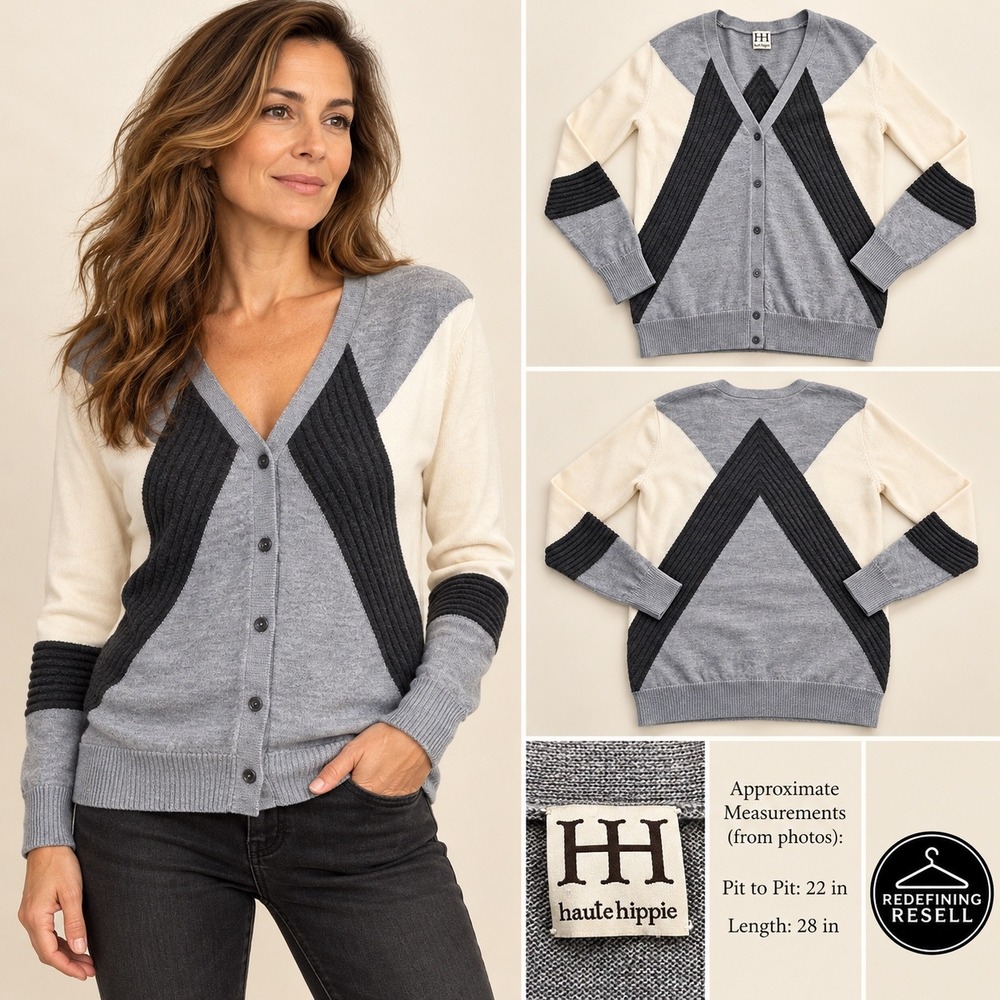 Haute Hippie Grey Colorblock V-Neck Button Front Ribbed Knit Cardigan Sweater